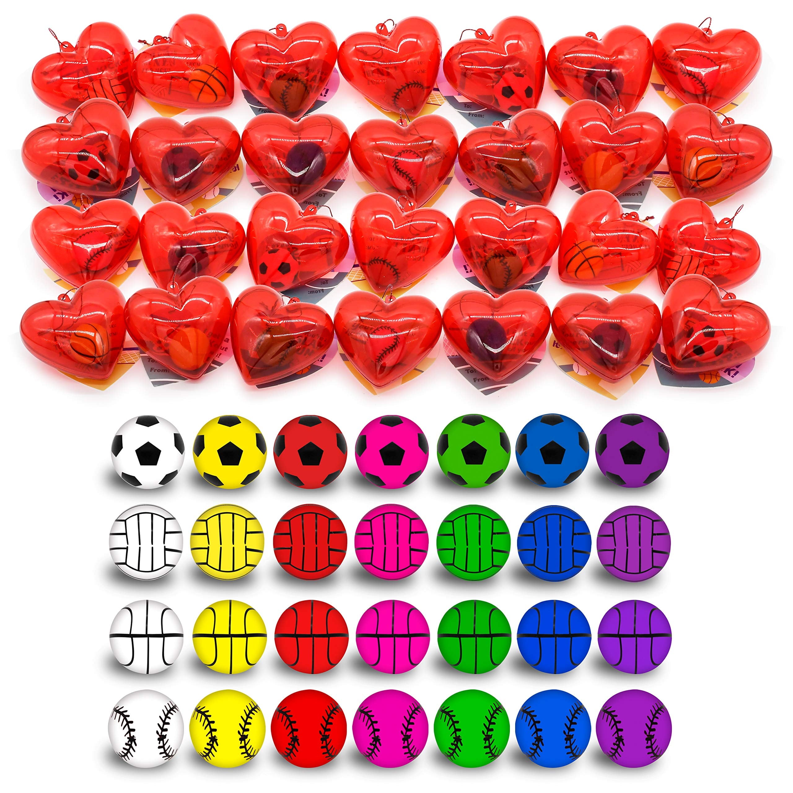 56 Pcs Valentines Day Cards Set for Kids (28 Bouncy Ball and 28 Cards),Prefilled Hearts with Sports Basketball Ball or Valentines Day Gifts for Kids Boys,Valentine Class Gifts Exchange Prizes
