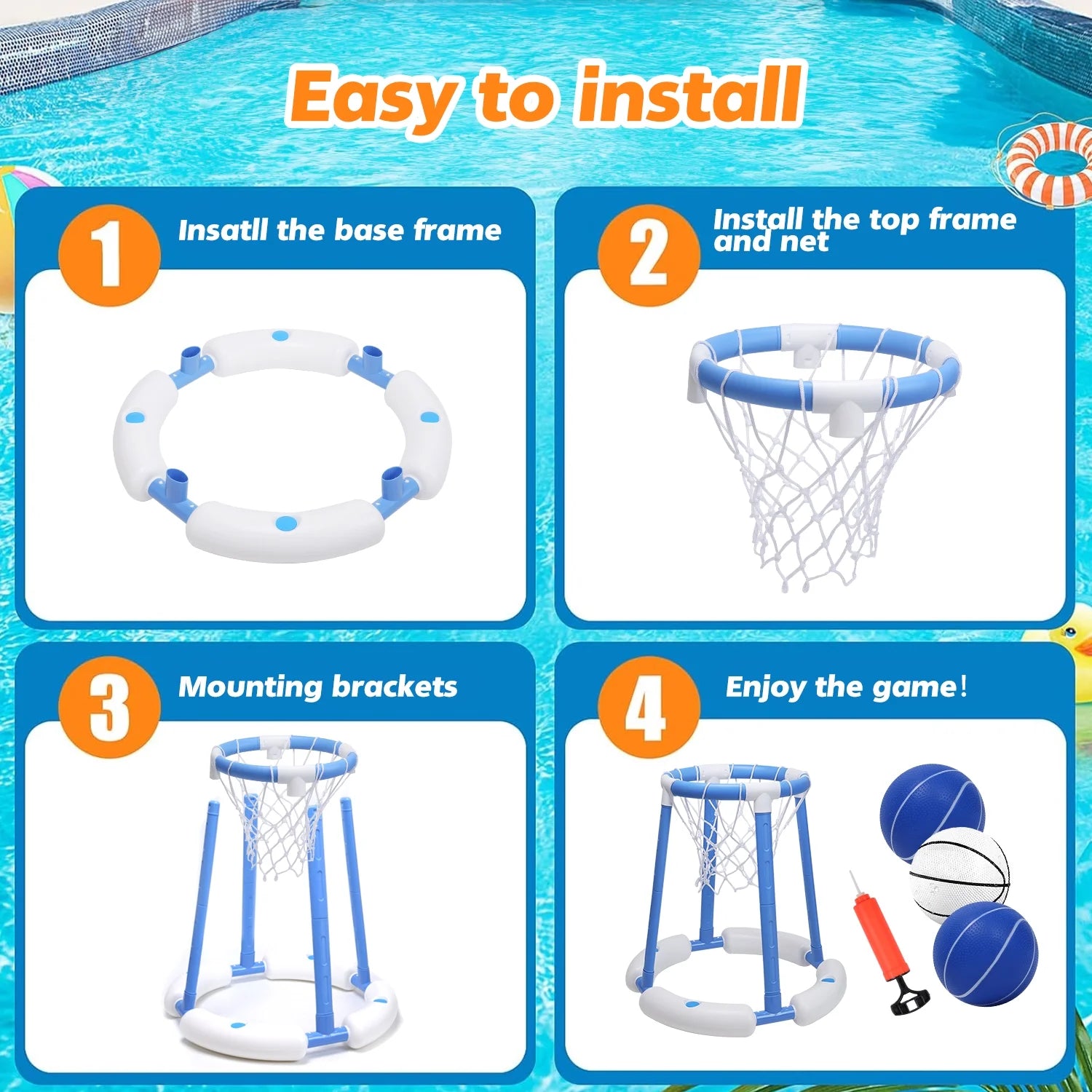 Pool Basketball Hoop for Kids, Floating Inflatable Toys with 3 Pool Balls and Pump, Swimming Pool Toy for Boys and Girls