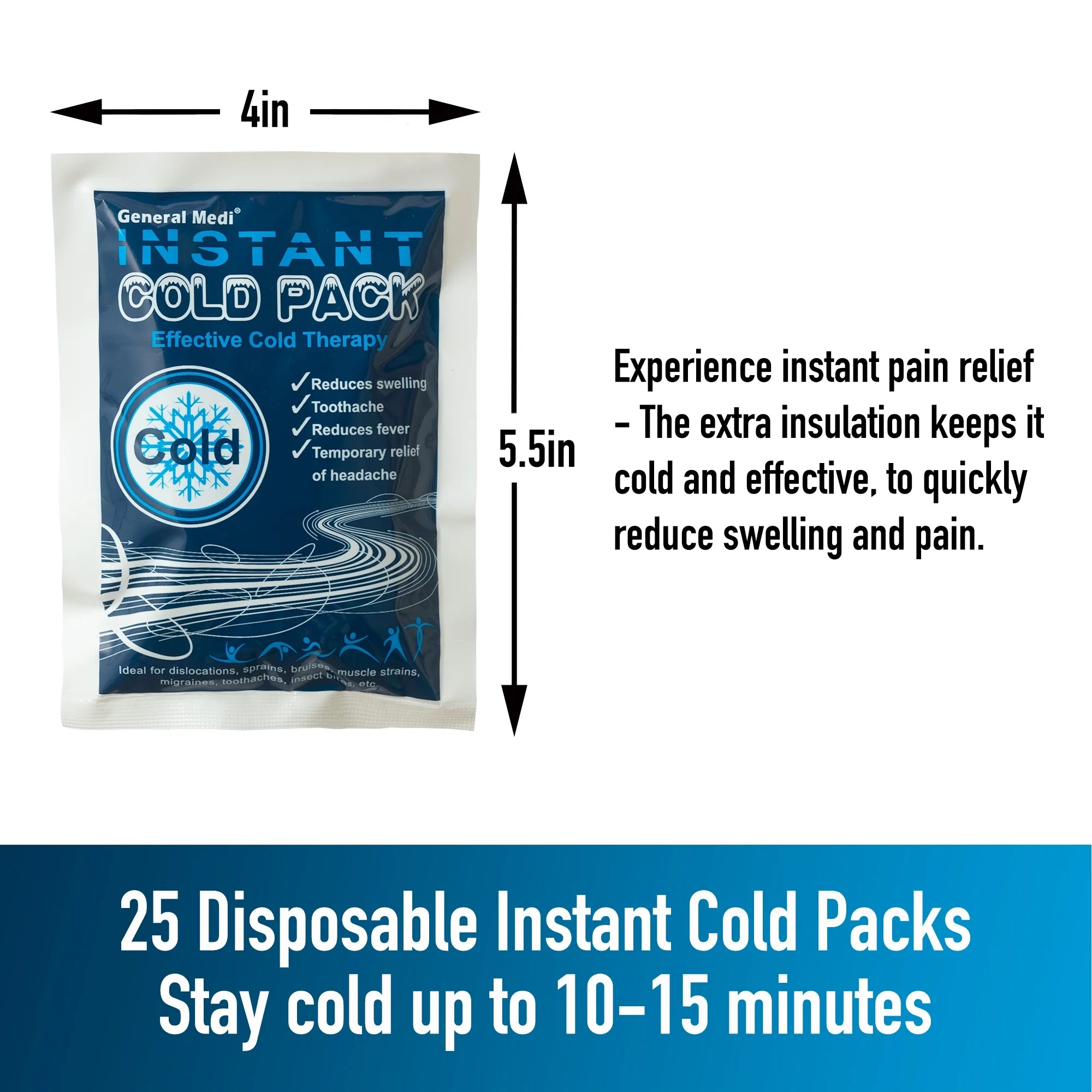 25 Pack Instant Ice Cold Pack (4”X 5.5”) - Cold Compress Disposable Ice Pack for Pain Relief, First Aid Essential, Swelling, Toothache, Athletes & Outdoor Activities