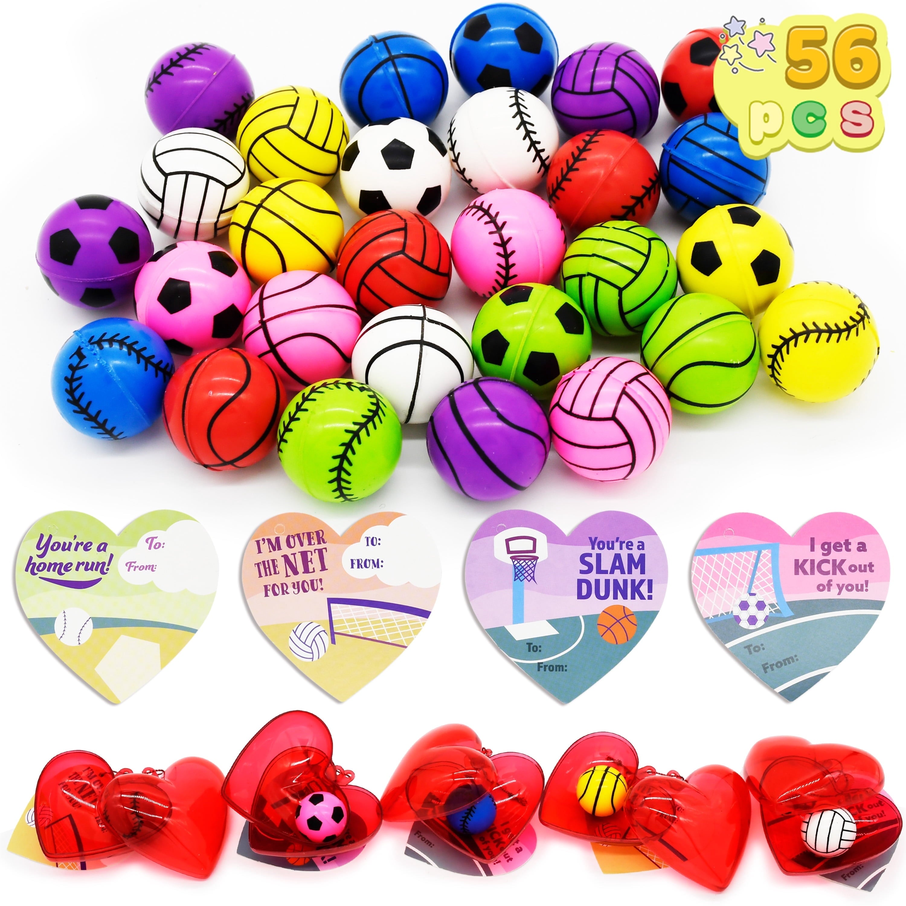 56 Pcs Valentines Day Cards Set for Kids (28 Bouncy Ball and 28 Cards),Prefilled Hearts with Sports Basketball Ball or Valentines Day Gifts for Kids Boys,Valentine Class Gifts Exchange Prizes