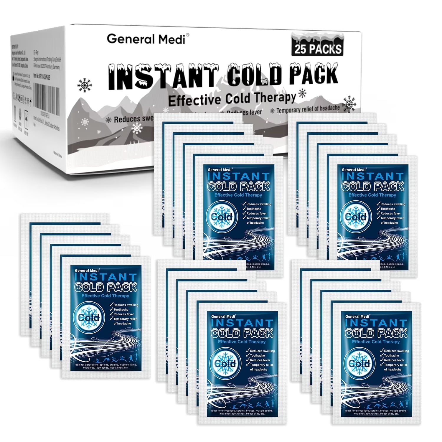 25 Pack Instant Ice Cold Pack (4”X 5.5”) - Cold Compress Disposable Ice Pack for Pain Relief, First Aid Essential, Swelling, Toothache, Athletes & Outdoor Activities