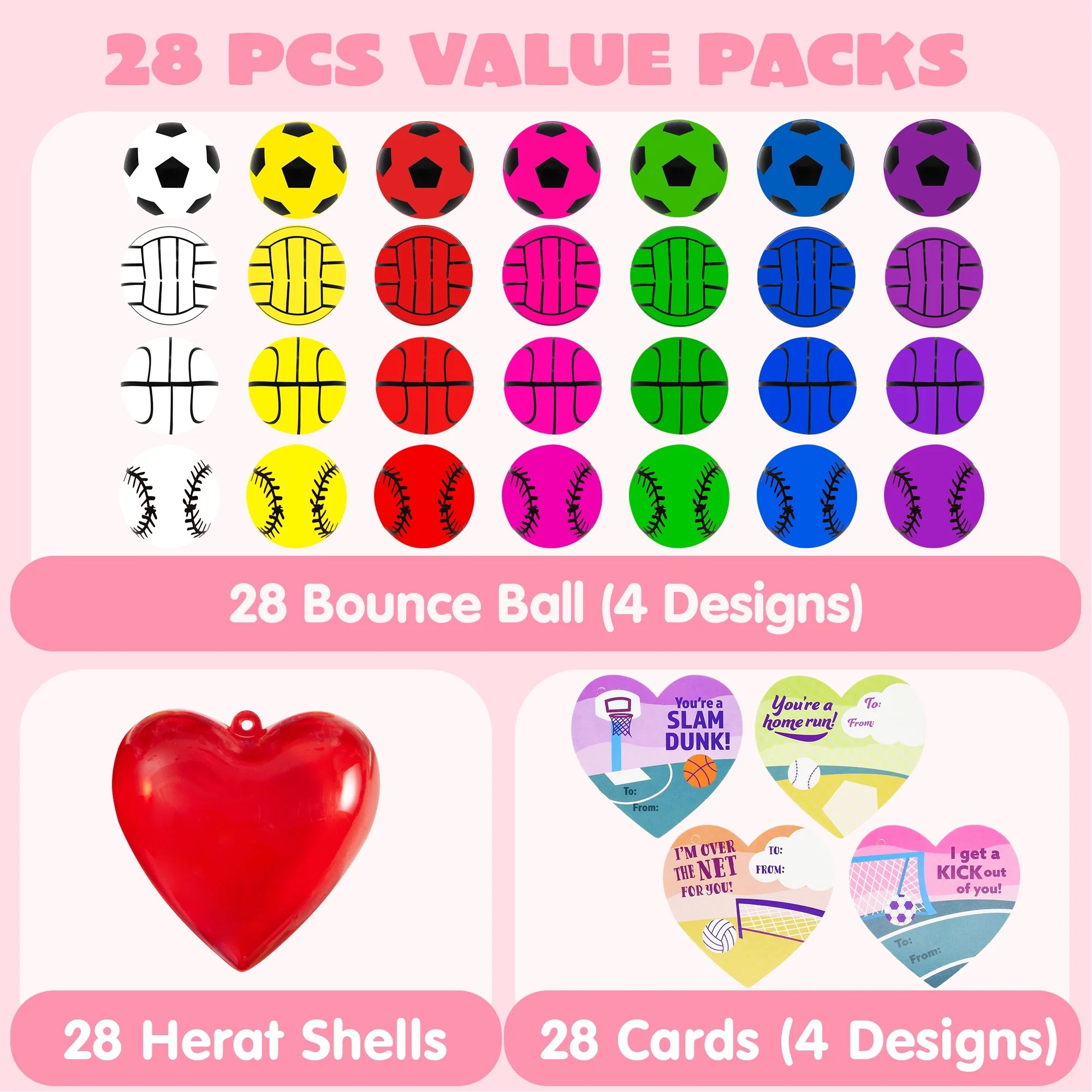 56 Pcs Valentines Day Cards Set for Kids (28 Bouncy Ball and 28 Cards),Prefilled Hearts with Sports Basketball Ball or Valentines Day Gifts for Kids Boys,Valentine Class Gifts Exchange Prizes
