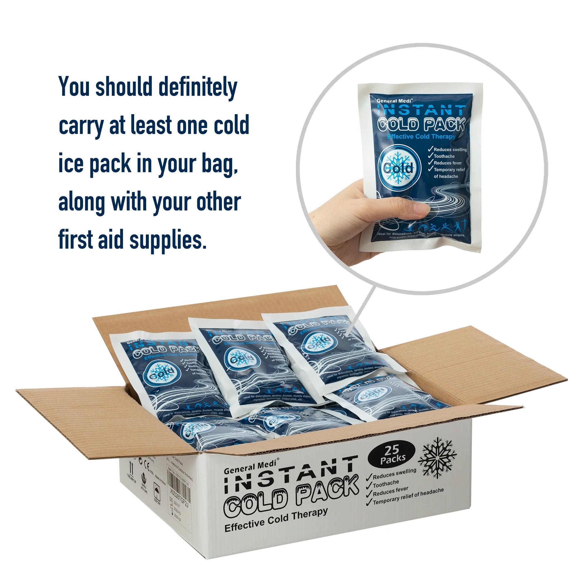 25 Pack Instant Ice Cold Pack (4”X 5.5”) - Cold Compress Disposable Ice Pack for Pain Relief, First Aid Essential, Swelling, Toothache, Athletes & Outdoor Activities